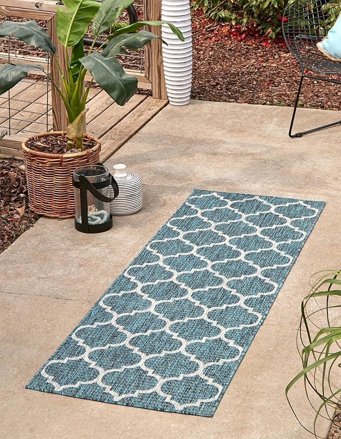 Unique Loom Outdoor Trellis Collection Area Rug (2' x 8' Runner, Teal/ Gray)
