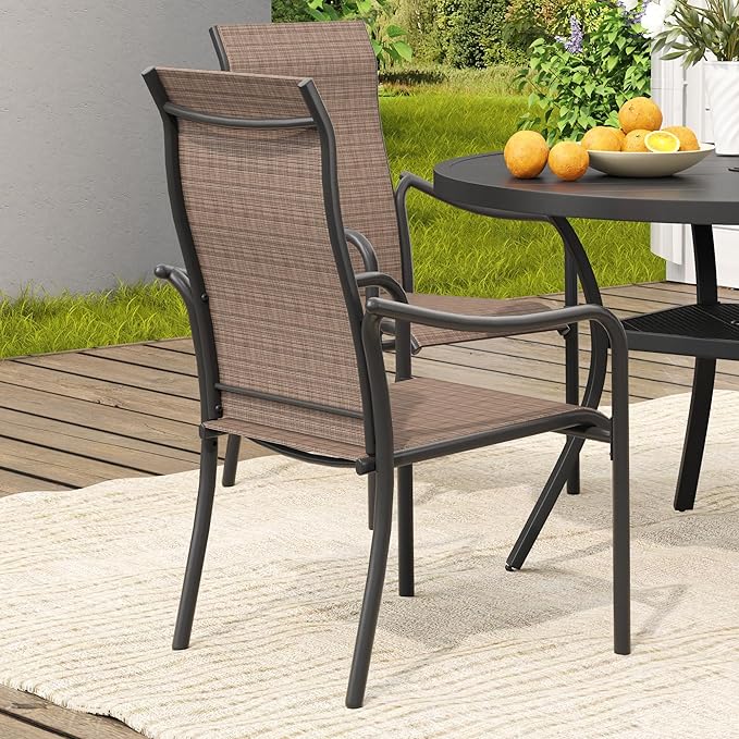 VICLLAX Patio Stackable Dining Chairs Set of 2, Outdoor Sling Chairs with Breathable Fabric and High Back for Balcony Porch Backyard, Brown