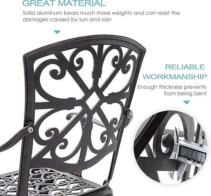 NUU GARDEN 3 Piece Outdoor Bistro Set Cast Aluminum Bistro Table Set Patio Table and Chairs with Umbrella Hole for Backyard, Balcony, Front Porch, Black
