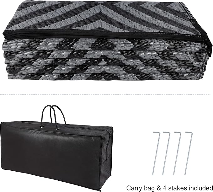 Reversible Mats, Patio Plastic Straw Modern Area Rug, Floor Mat for Outdoors, RV, Patio, Backyard, Deck, Picnic, Beach, Trailer, Camping (Diamond Black & Grey, 9' x 12')