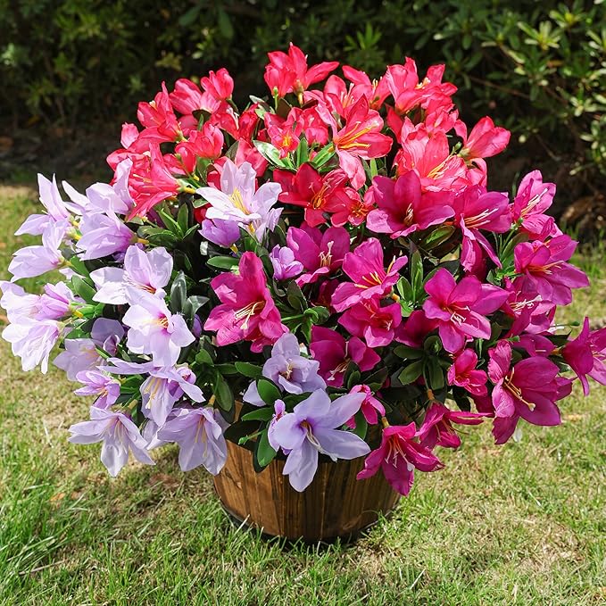 INSPRING Artificial Flowers for Outdoors Outside, 3 Bundles Fake Silk Azalea Flower Realistic UV Resistant Spring Flowers for Decoration Faux Plants for Outdoor Planters Porch Patio Garden Home, Mix