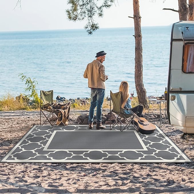 GENIMO 9 ' x 12 ' Outdoor Rug for Patio, Waterproof Indoor Outdoor Plastic Straw Rugs Carpet, Reversible Outside Area Mat for Camping, Balcony Porch, Deck, Picnic, Beach Grey & Beige White