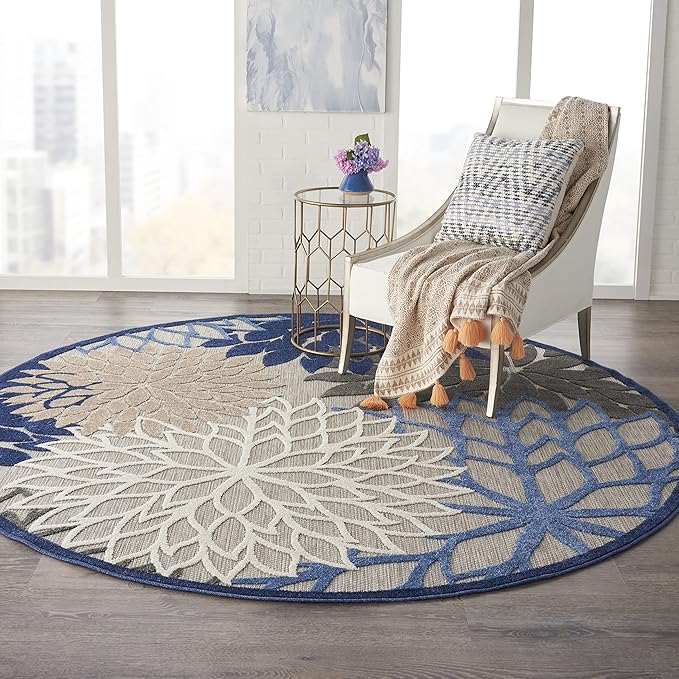 Nourison Home Aloha Indoor/Outdoor Blue/Multicolor 7'10" x Round Area Rug, Tropical, Botanical, Easy Cleaning, Non Shedding, Bed Room, Living Room, Dining Room, Deck, Backyard, Patio (8 Round)