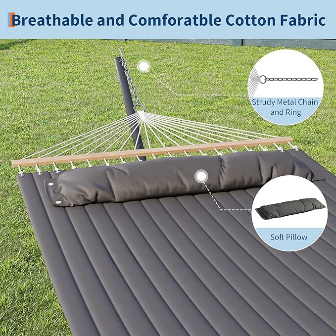 GarveeLife 57" 2 Person Outdoor Hammock, Widening Design Cotton Hammock with Metal Stand, Heavy Duty Construction, 450 LBS Weight Capacity, Dark Grey