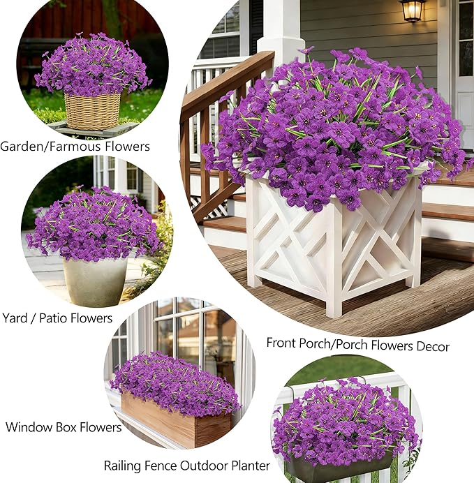 20 Bundles Artificial Flowers for Outdoors, UV Resistant Fake Realistic Flowers with Plastic Plants Spring Decor, Faux Silk Flowers for Outside Window Box Front Porch Planter Decor-Purple