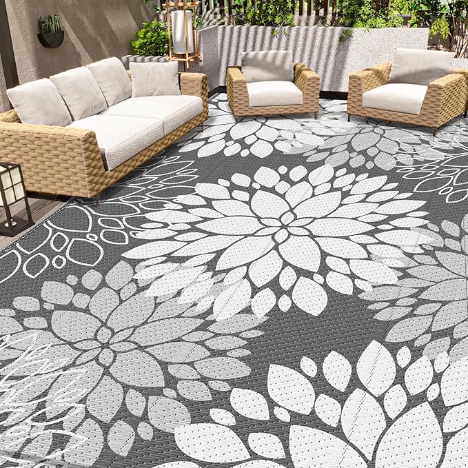 LuxStep Outdoor Rug Waterproof Outdoor Plastic Straw Rug Reversible Patio Rug Mat Outdoor Decor Large Area Mats for RV, Picnic, Backyard, Deck, Balcony, Porch, Beach, 8' x 10' Grey