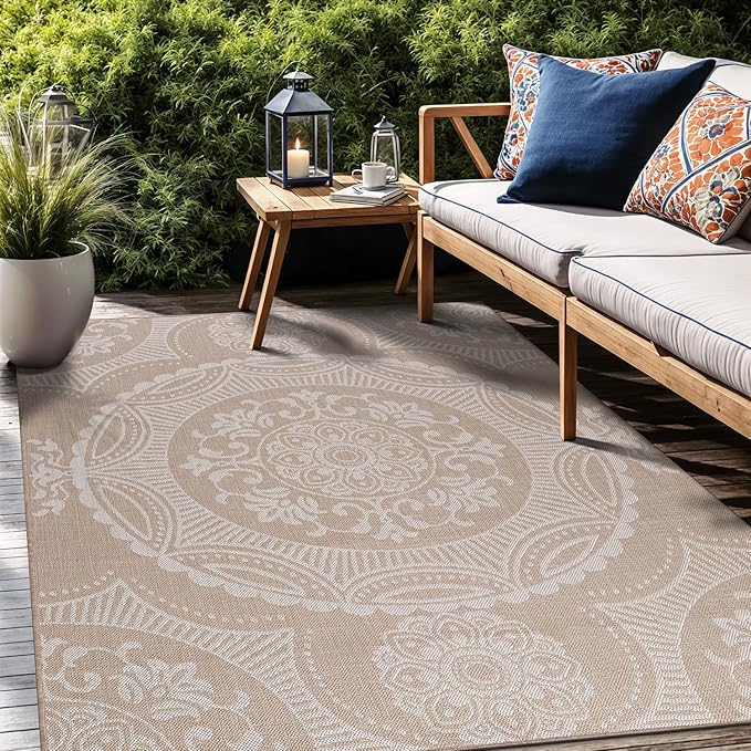Medallion Outdoor Rug 9x12 Washable Outside Carpet for Indoor Patio Porch Waterproof Easy Cleaning Non Shedding Area Rugs Beige 9 x 12