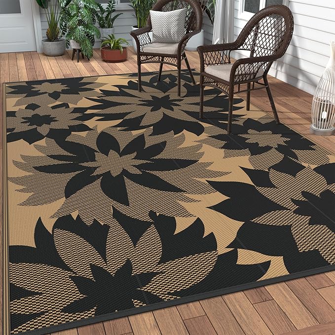 GENIMO Outdoor Rug 6' x 9' Waterproof for Patio Clearance, Reversible Plastic Straw Camping Mat, Light Weight Carpet for Rv, Camper, Deck, Porch, Picnic, Balcony, Beach, I.Black & Brown