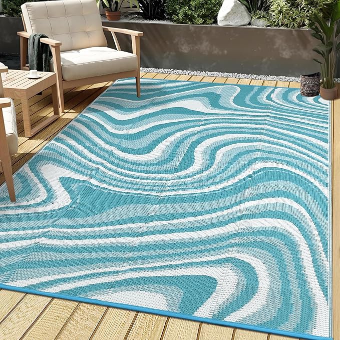 10x20 Large Outdoor Patio Rug Modern Abstarct Plastic Straw Outdoor Rugs Waterproof Foldable UV Resistant Camping Reversible Mats for Deck, Porch, Camper, Balcony，Lake Green/Light Blue