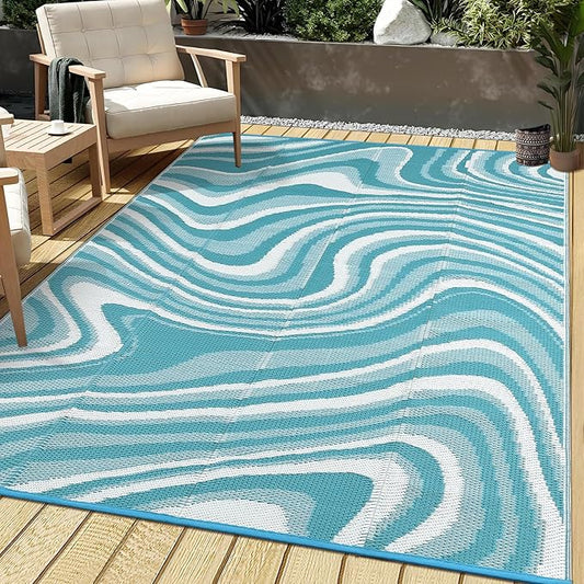 10x20 Large Outdoor Patio Rug Modern Abstarct Plastic Straw Outdoor Rugs Waterproof Foldable UV Resistant Camping Reversible Mats for Deck, Porch, Camper, Balcony，Lake Green/Light Blue