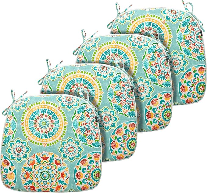 FUNHOME Outdoor Chair Cushions Set of 4, Water-Repellent Patio Seat Cushions D16xW17 Inch, All Weather Patio Chair Pads with Tie for Furniture Garden Home Office Decoration, Cyan Circle