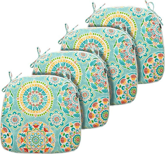 FUNHOME Outdoor Chair Cushions Set of 4, Water-Repellent Patio Seat Cushions D16xW17 Inch, All Weather Patio Chair Pads with Tie for Furniture Garden Home Office Decoration, Cyan Circle