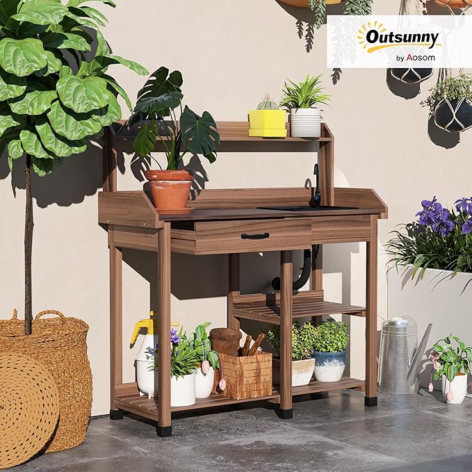 Outsunny Potting Bench Table, Outdoor Garden Table Wooden Work Station with Removable Sink, Faucet, Drawer, Shelves, Hooks, Dark Brown