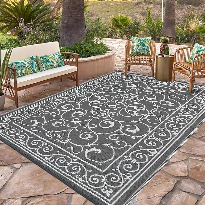 MilleLoomi Waterproof Plastic Straw Outdoor Rug 9x18 Patio Reversible UV Resistant Foldable Camping Carpet Vintage Large Outdoor Rugs for Deck, Picnic, Porch, Camper, Balcony, Beach，Grey