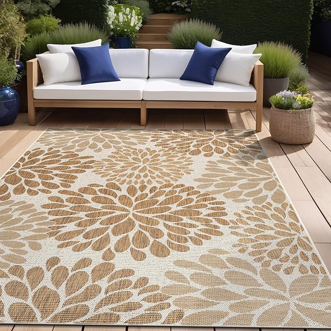 Beverly Rug Outdoor Rug 5x7 Modern Exotic Tropical Leaf Area Rugs for Indoor and Outdoor Patio Deck Porch Garden Water Resistant Washable Outside Carpet (5 x 7 Beige)