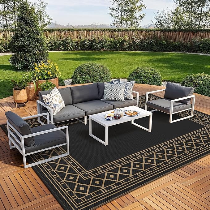 GENIMO Outdoor Rug Waterproof for Patio Decor, 10'x20' Foldable Reversible Plastic Straw Carpet, Outside Area Mat for Rv, Deck, Picnic, Porch, Camper, Balcony, Beach, Black & Brown