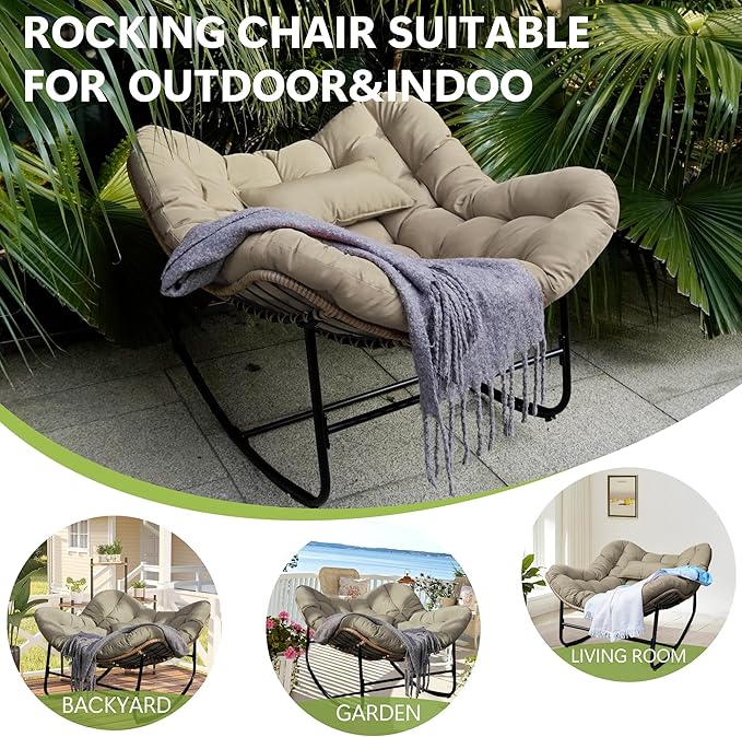 Papasan Rocking Chair, Oversized Papasan Chair with Cushion and Frame for Indoor& Outdoor, Deep Seat Egg-Shaped Rocker Chair for Garden, Deck, Living Room, Brown