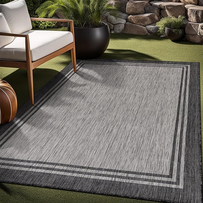 Bordered Outdoor Rug 8x10 Washable Outside Carpet for Indoor Patio Porch Waterproof Easy Cleaning Non Shedding Area Rugs Dark Gray 8 x 10