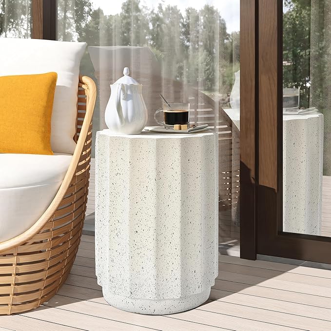 LuxenHome Cream with Gray Cement Fluted Round Indoor Outdoor Side and End Table, Set of 2