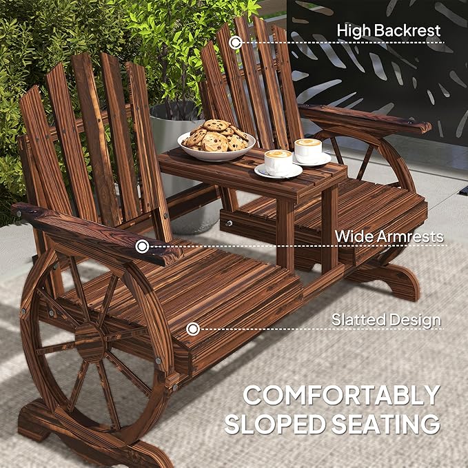 Outsunny Wooden Garden Bench with Table, Umbrella Hole, 2-Seat Wagon Wheel Outdoor Bench with Slatted Seat, High Backrest, Armrests for Backyard, Patio, Garden, Carbonized
