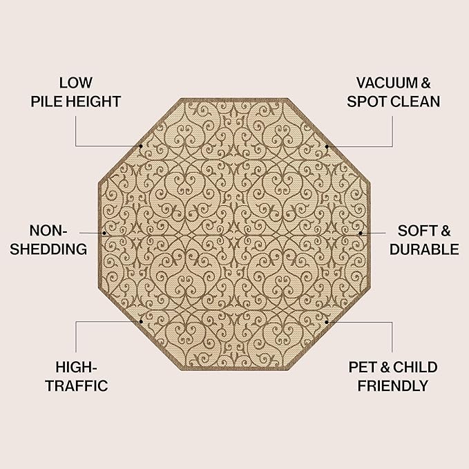 JONATHAN Y Vintage Filigree Indoor Outdoor Octagon Area Rug 5 Ft Beige/Brown, Madrid Textured Weave for Backyard, Patio, Porch, Easy-Cleaning, High Traffic, Pet-Friendly, Non-Shedding (SMB107B-5TGN)
