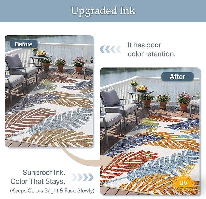 GENIMO Outdoor & Indoor Area Rug 10'x14', Waterproof, Non-Shedding, Easy Cleaning, Leaf Mat for Patio, Living Room, Balcony, Dining Room, RV, Deck, Bedroom, Camping, Outside Carpet, Tropical Rust
