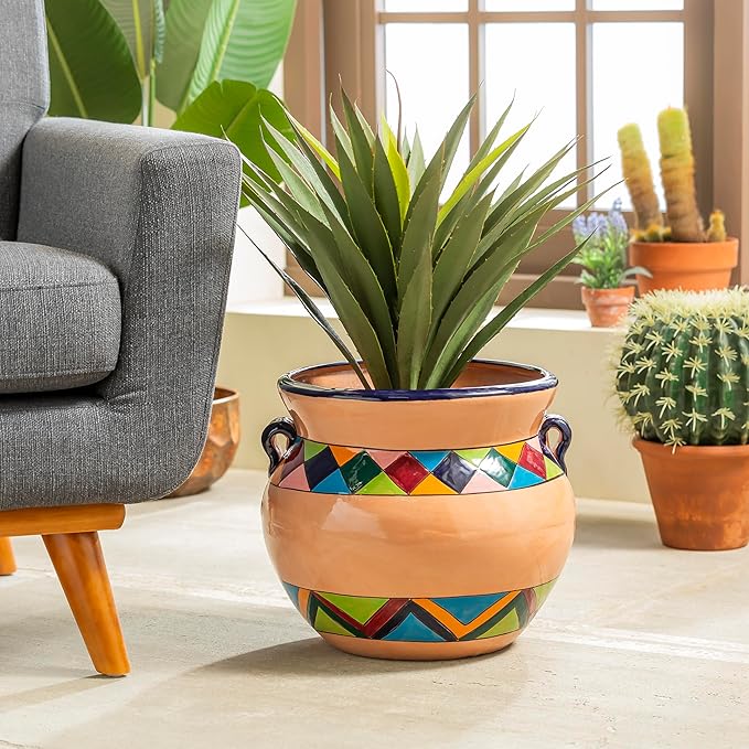 Evergreen Garden Talavera Mexican Pottery Ceramic Chata | Flower Pot Plant Succulent | Indoor Outdoor (14 in. Multicolor Striped)