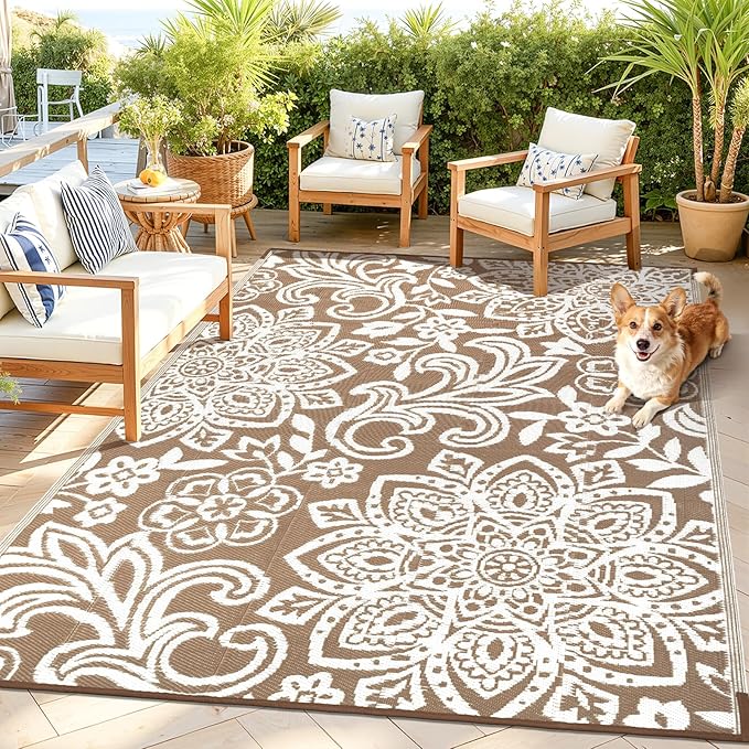 Findosom Waterproof Outdoor Rug 5' x 8' - Reversible Mandala Outdoor Plastic Straw Rug, Durable Foldable Patio Rug for RV, Deck, Balcony, Backyard, Picnic, Porch, Camping, Beach, Brown