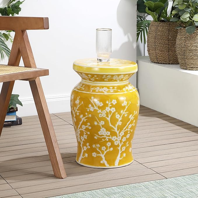 JONATHAN Y TBL1017E Cherry Blossom 17.75" Ceramic Indoor/Outdoor Garden Stool Coastal, Contemporary, Transitional, Patio, Garden Room, Bathroom, Living Room, Yellow/White