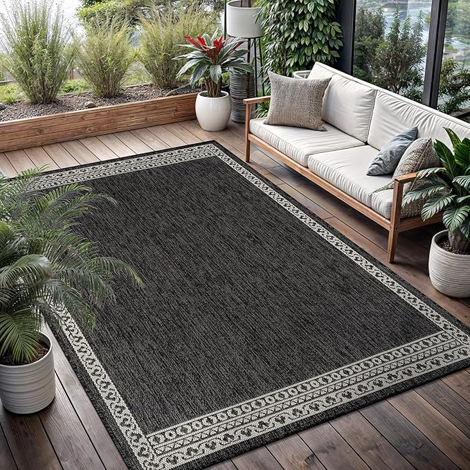 Washable Outdoor Rug 9x12 Modern Area Rugs Outdoor Carpets Bordered Pattern Non Shedding Waterproof Easy Clean Patio Deck Porch Living Room Bedroom Garden RV (9 X 12 Dark Gray)