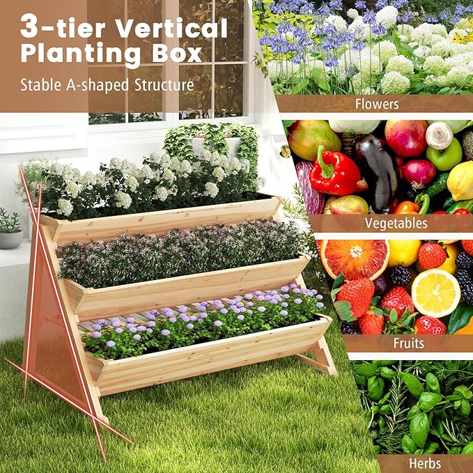 3-Tier Raised Garden Bed, Vertical Garden Planter w/Storage Shelf, Bed Liner & 2 Side Hooks, Wood Elevated Planter Box Outdoor for Plants Vegetables Flowers Herbs,Natural
