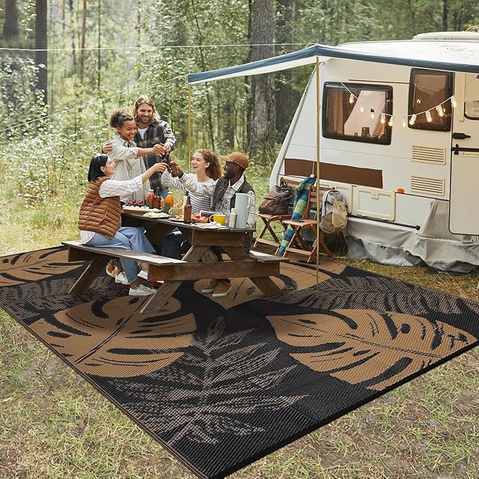Waterproof Plastic Straw Outdoor Rug 9x18 Patio Reversible UV Resistant Foldable Camping Carpet Modern Leaf Print Large Outdoor Rugs for Deck, Porch, Camper, Balcony, Beach，Black/Brown