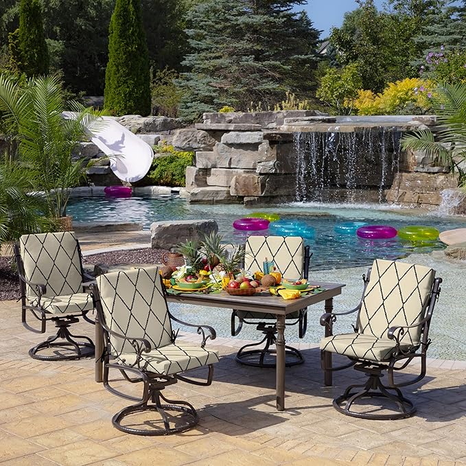 Arden Outdoor Patio Dining Chair Cushion, 20x44, Rain-Proof Seat Pad, Fade-Resistant Outdoor Cushion Tan Diamond Trellis