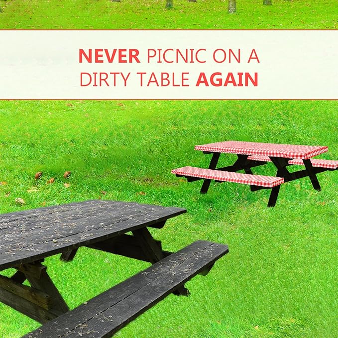 LINPRO 8ft Picnic Table Cover with Bench Covers Vinyl Fitted Picnic Table Covers with Elastic Camping Essentials and Picnic Tablecloth and RV Accessories