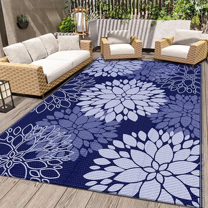 LuxStep Outdoor Rug Waterproof Outdoor Plastic Straw Rug Reversible Patio Rug Mat Outdoor Decor Large Area Mats for RV, Picnic, Backyard, Deck, Balcony, Porch, Beach, Camping, 4'x 6',Blue