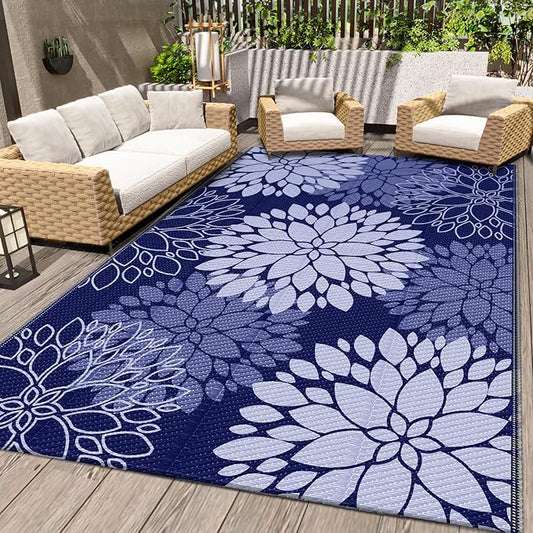 LuxStep Outdoor Rug Waterproof Outdoor Plastic Straw Rug Reversible Patio Rug Mat Outdoor Decor Large Area Mats for RV, Picnic, Backyard, Deck, Balcony, Porch, Beach, Camping, 4'x 6',Blue