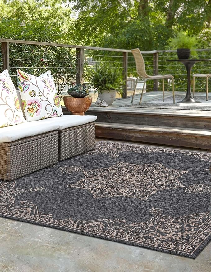 Unique Loom Outdoor Traditional Collection Area Rug - Antique (10' Square Charcoal Gray/Natural)