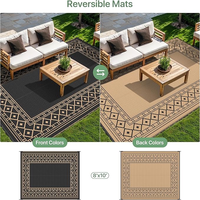 GENIMO Outdoor Rug Waterproof 8'x10' for Patio, Foldable Reversible Plastic Straw Carpet for Travel Trailers, Outside Area Mat for Rv, Deck, Picnic, Porch, Camper, Balcony, Beach, Black & Brown