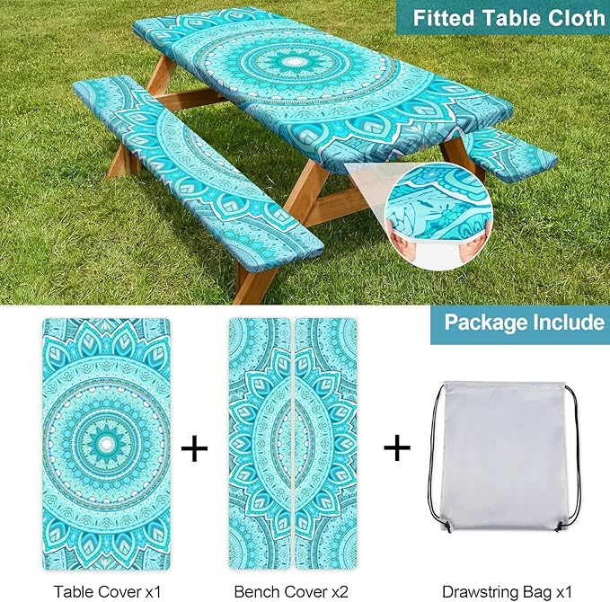 Picnic Table Cover with Bench Covers Camping Essentials Waterproof Windproof Camping Tablecloth with Drawstring Bag, Fitted Rectangle Tables and Seats, 96in, Ice Blue