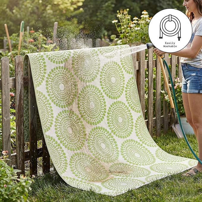 Fab Habitat Outdoor Rug - Waterproof, Fade Resistant, Crease-Free - Premium Recycled Plastic - Floral Medallion - Large Patio, Deck, Sunroom, Camping, RV - Rio - Green - 8 x10 ft