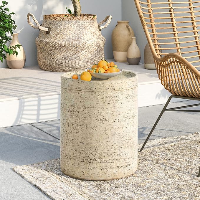 SUNBURY Outdoor Side Tables for Patio, Small Concrete Accent End Table, Stone Round Modern Coffee Furniture, Milky Cement Side Table