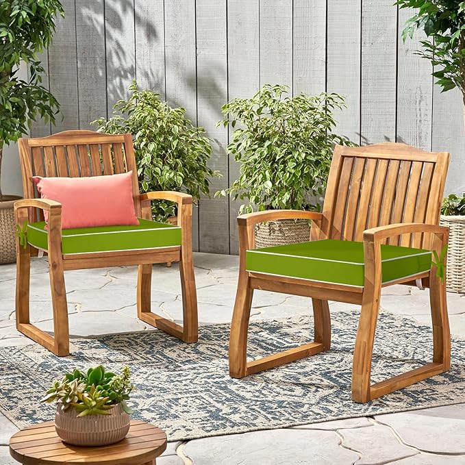 Waterproof Outdoor Chair Cushions Set of 2, Square Outdoor Seat Cushions with Ties and Removable Covers, 19 x 19 Outdoor Cushions for Patio Furniture with Portable Handle(Grass Green/White)