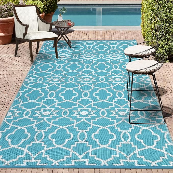 GAOMON Large Outdoor Camping Rug 9x18 Geometric Floral Reversible Outdoor Carpet, Foldable Modern Plastic Straw Patio Rug, Portable Outside Floor Mats for Porch, Beach, Balcony, Teal/White(Floral)