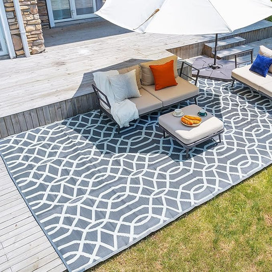 wikiwiki Outdoor Rug, 8x10ft Waterproof Reversible Mat Indoor Outdoor Rugs Carpet, Small Area Rug Plastic Straw Rug for Patio Deck Balcony Pool RV Camping Beach Picnic, Grey, Rugscape Series