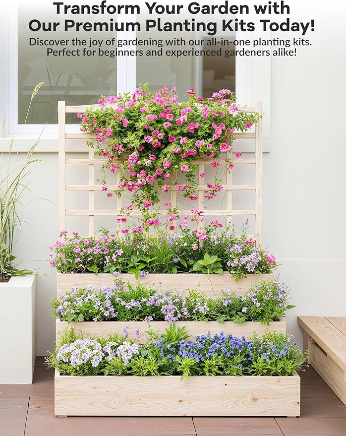 Space-Saving 3-Tier Wood Planter Box with Attached Trellis, Vertical Raised Garden Bed for Climbing Vines, Vegetables, Fruits, Herbs, Open Bottom Drainage for Patio, Deck, Balcony Gardening