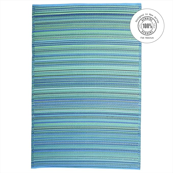 Fab Habitat Outdoor Rug - Waterproof, Fade Resistant, Crease-Free - Premium Recycled Plastic - Striped - Large Patio, Deck, Sunroom, Camping, RV - Cancun - Turquoise & Moss Green - 6 x 9 ft