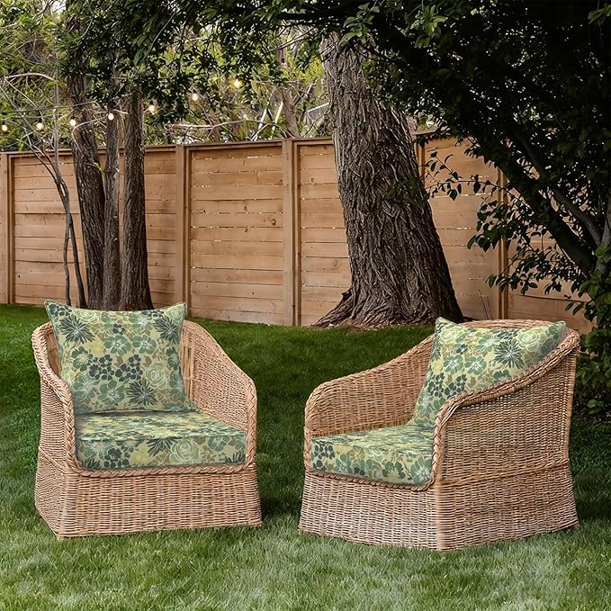 Outdoor Deep Seat Cushion Set, Water Repellent 24"x24" Patio Thick Cushions Replacement with Seat & Back Pillow for Patio Sofa, Wicker Chair, Couch - Green Rose