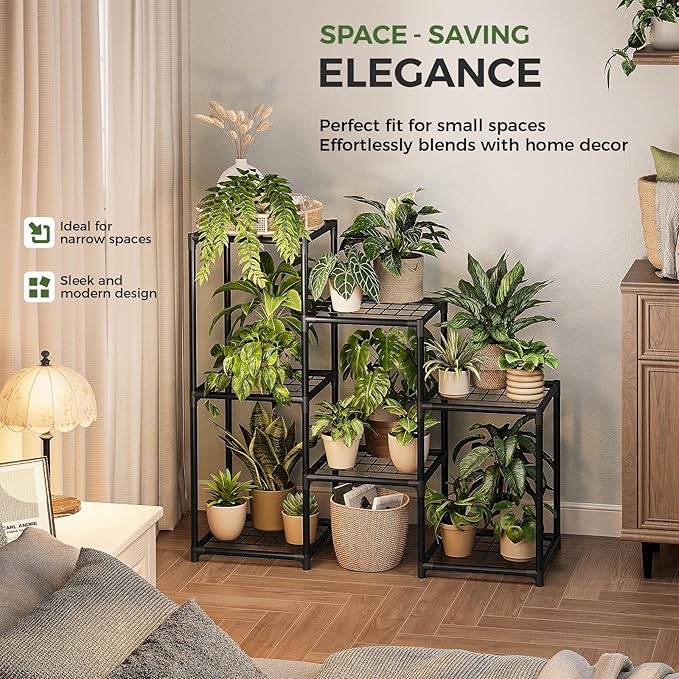 Plant Stand Indoor Outdoor 3 Tiers Ladder Plant Shelf for Multiple Plants Pots Waterproof Metal Flower Holder Modern Plant Rack for Corner,Porch ,Garden,Balcony,Black