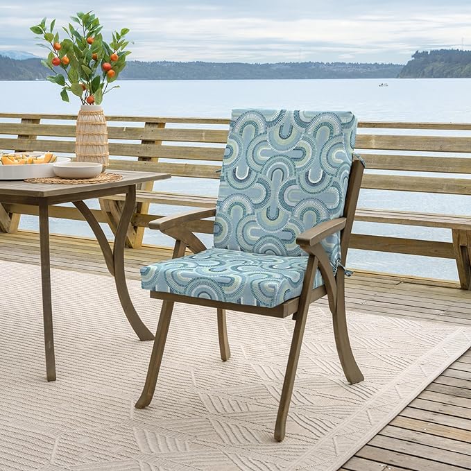 Arden 2-Pack Outdoor Patio Dining Chair Cushion, 20x44, Rain-Proof Seat Pad, Fade-Resistant Outdoor Cushion Coastal Blue Geometric