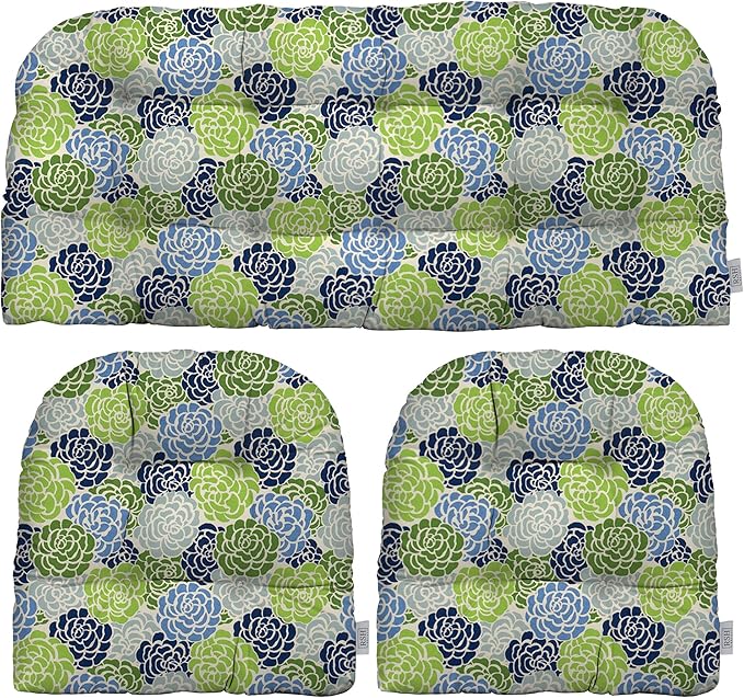 RSH DECOR: 3-Piece Wicker Tufted Cushion Set | for Large Wicker Sets | Outdoor Loveseat & U-Shaped Seat Cushions | Water & Fade-Resistant Spun Fabric | Livi Courtyard Floral